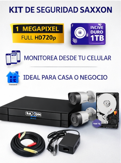 Kit 4 Cámaras SAXXON HD 720p + DVR + Disco 320GB | Configurado