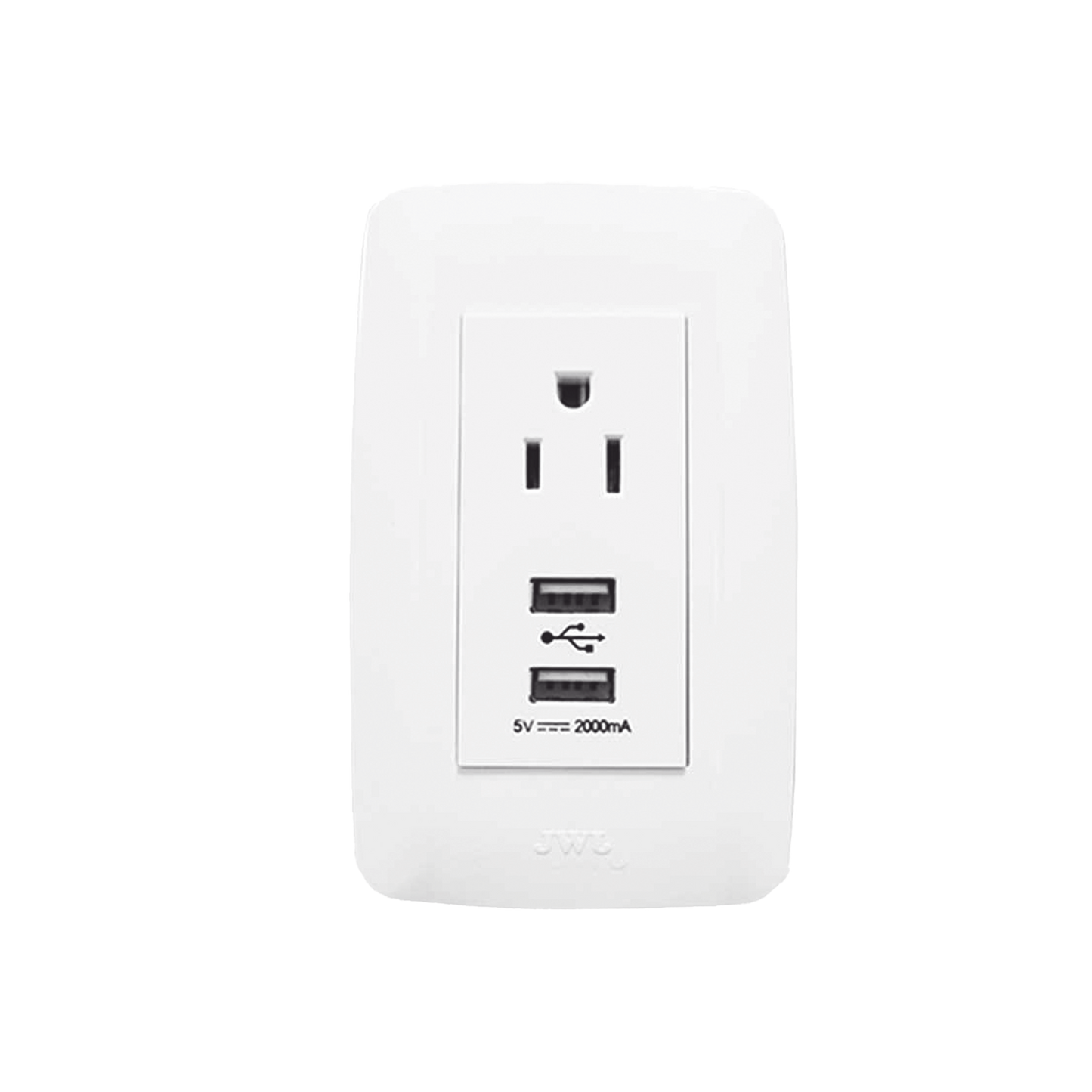 Placa con 1 Tomacorriente 15 A/ 127 V CA y Conector USB tipo hembra 5 VCD/ 2A / Color Blanco.