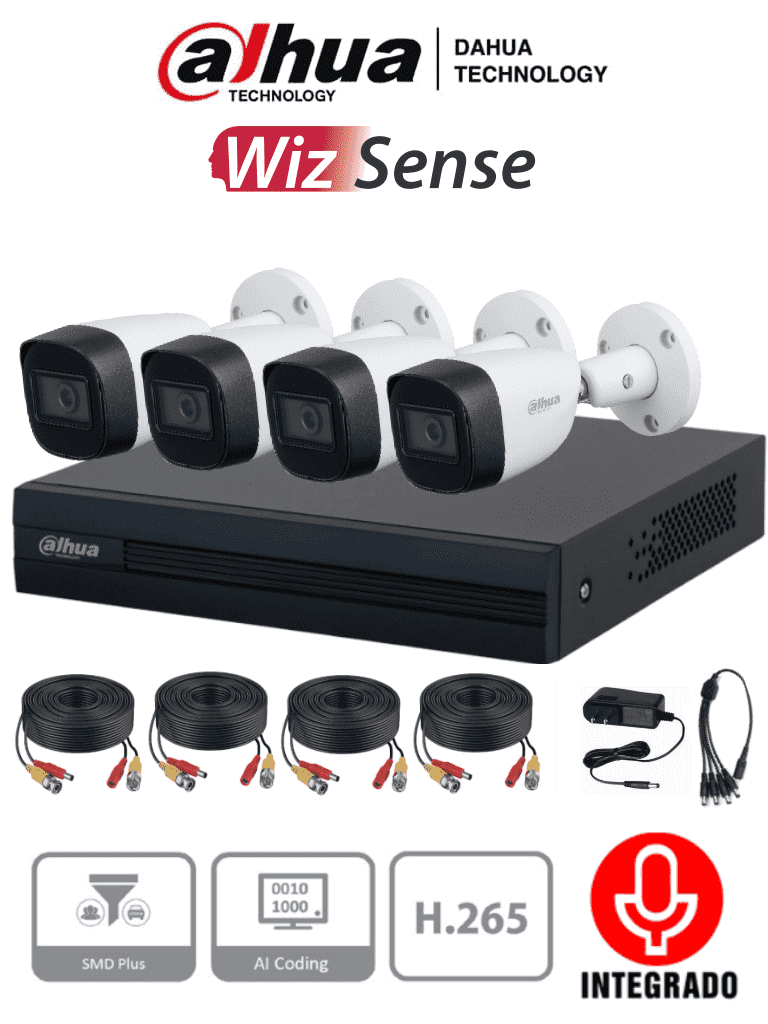 DAHUA KITXVR1B04-I+HFW1200CMA - KIT DE 4 CANALES CON CÁMARAS DE 2MP Y AUDIO