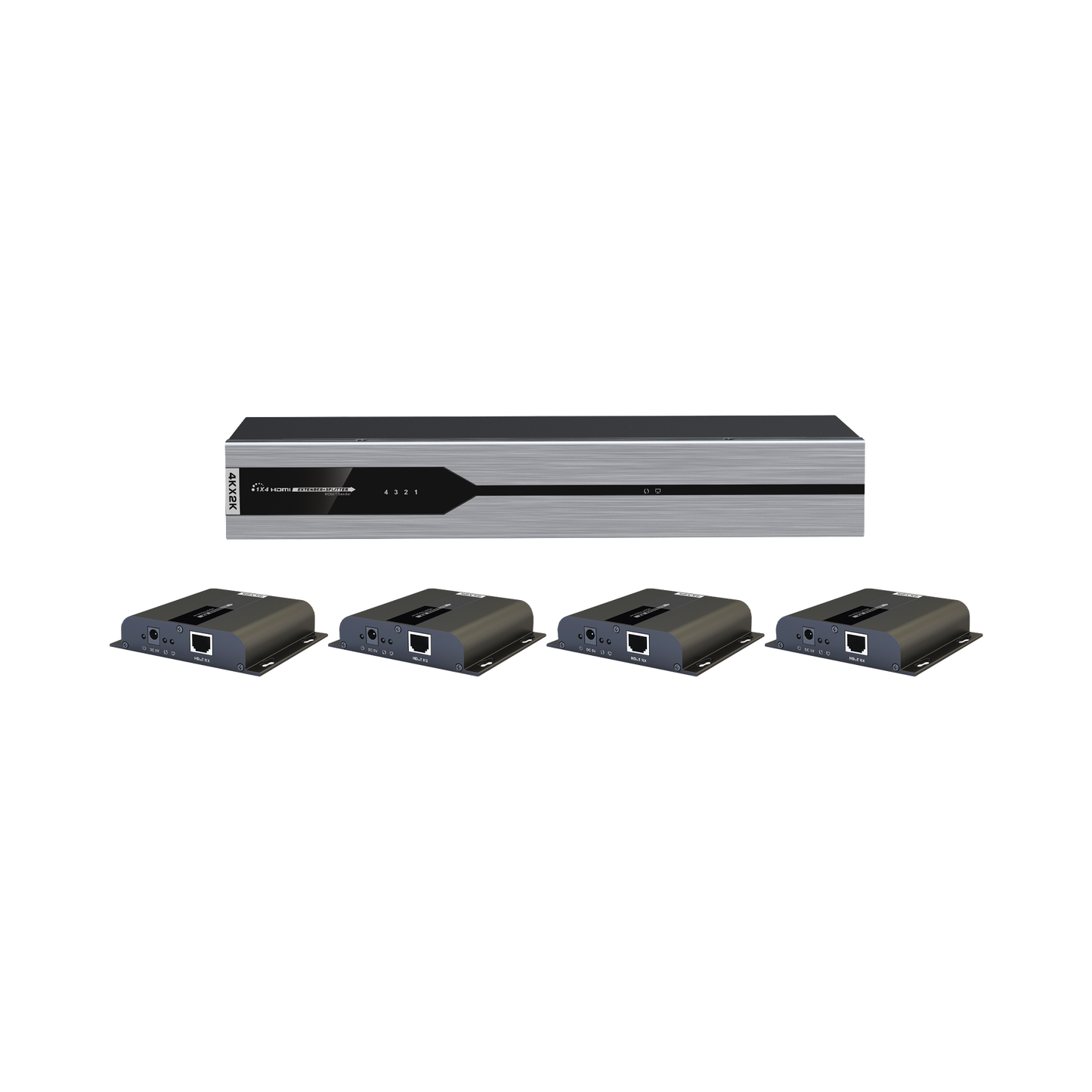 Kit Divisor y Extensor HDMI (Extender Splitter) / Divide 1 Fuente HDMI a 4 Pantallas / Extiende la señal HDMI hasta 120 m / Resolución 4Kx2K @ 30 Hz / Cat 6/6a / Uso 24/7 / Longitud del cable autoajustable / Alimente solo el Tx (PoC).