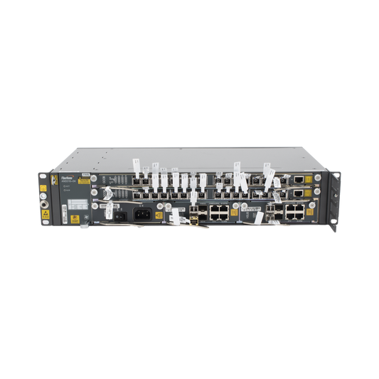 OLT Carrier Class Modular GPON, 2 Ranuras, Incluye 2 Tarjetas de Servicio de 16 puertos GPON, (32 Modulos GPON C+ Incluidos) 1 Fuente de CA, 2 UR