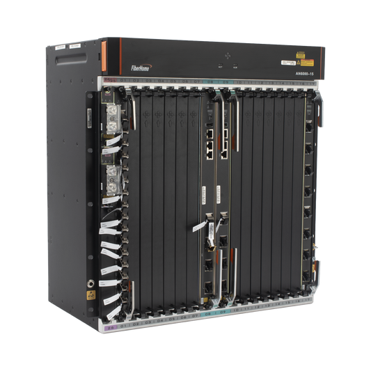 OLT Carrier Class Modular GPON, 14 Ranuras de Servicio, Incluye 1 Tarjeta de Servicio, Doble fuente -48Vcc, 11 UR, Gestión por UNM2000, CLI