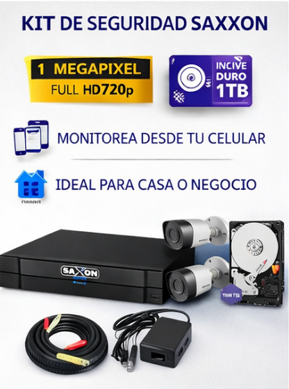Kit 4 Cámaras SAXXON HD 720p + DVR + Disco 320GB | Configurado