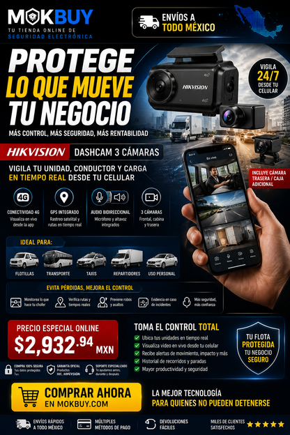 Protege tu Vehículo 24/7 Dashcam 3 Cámaras 4G + GPS Tiempo Real y Monitoreo en Vivo
