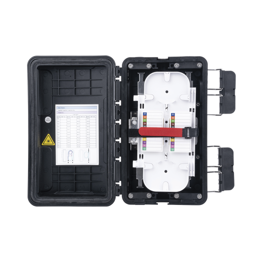 Caja de Distribución de Fibra Óptica, Hasta 96 Empalmes, Exterior IP65, Color Negro
