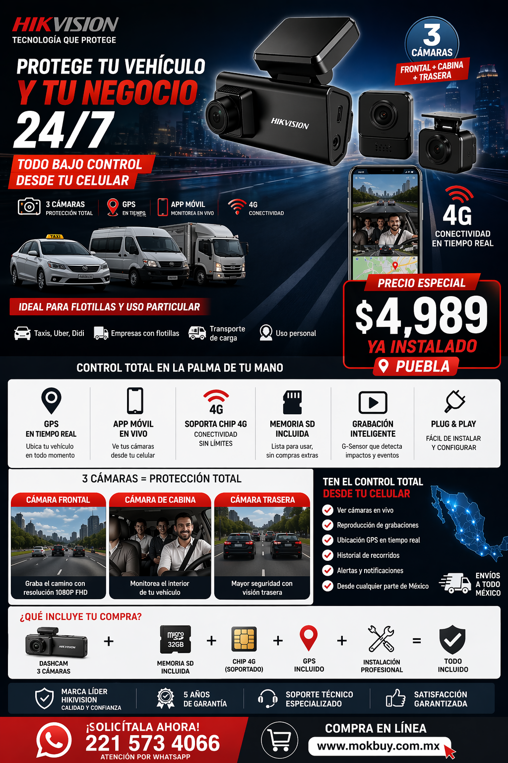 Protege tu Vehículo 24/7 Dashcam con 3 Cámaras + GPS Tiempo Real y Monitoreo en Vivo