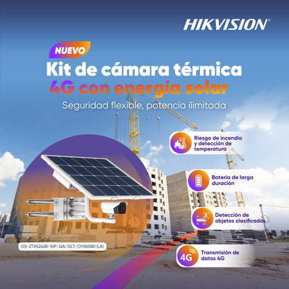 Kit Solar IP All in One / Doble Detección (Radar + PIR) / Bala IP 4 Megapixel / Lente 4 mm / Panel Solar / Batería de Respaldo de Litio 10Ah (Hasta 11 Días) / Conexión 4G / Audio de Dos Vías / Accesorios de Inst. / Direc