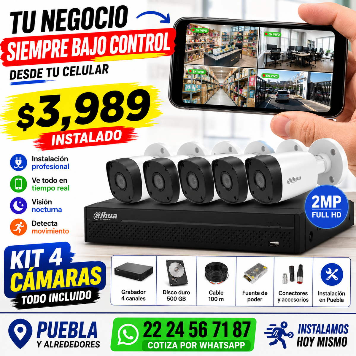 Kit de 4 Cámaras de Seguridad Dahua 2 MP con Instalación en Puebla