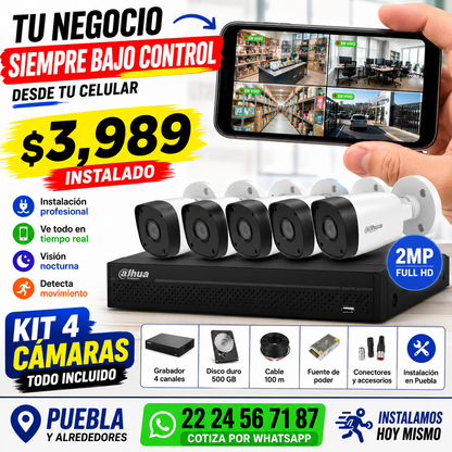Kit de 4 Cámaras de Seguridad Dahua 2 MP con Instalación en Puebla