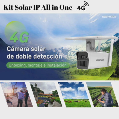 Kit Solar IP All in One / Doble Detección (Radar + PIR) / Bala IP 4 Megapixel / Lente 4 mm / Panel Solar / Batería de Respaldo de Litio 10Ah (Hasta 11 Días) / Conexión 4G / Audio de Dos Vías / Accesorios de Inst. / Direc
